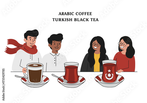 Group of friends sipping on arabic coffee and turkish black tea, perfect for travel brochures, cultural websites, and social media posts.