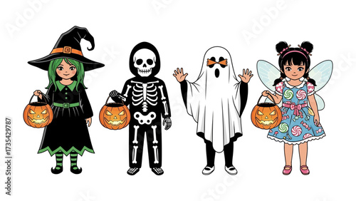 Spooky Halloween Crew: Adorable Halloween crew in a line up, dressed as various costumes. with the classic jack-o'-lantern buckets in their hands. They look excited to trick-or-treat. 
