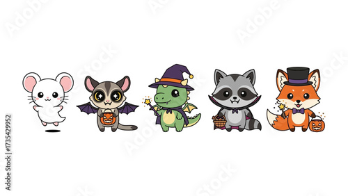 Cute Halloween animals: A group of adorable cartoon animals, each dressed in a playful Halloween costume, offers a glimpse into a whimsical world of trick-or-treating fun and spooky celebrations.