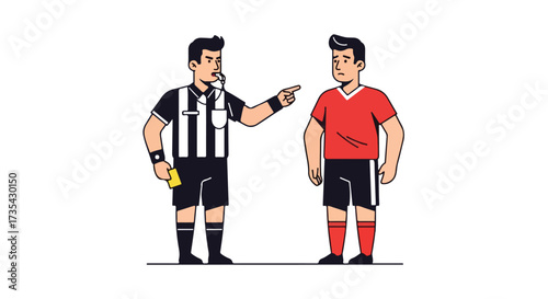 Soccer referee pointing at a player with a yellow card during a match enforcement of the rules and regulations in the sports field