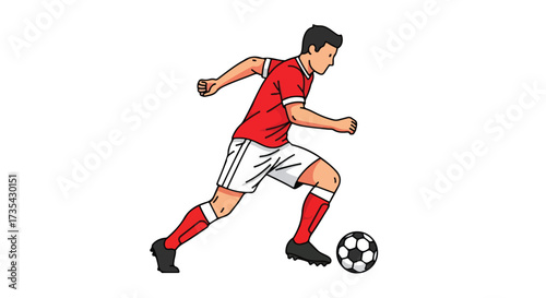 Dynamic soccer player dribbling a ball, showcasing speed, skill and focus in a vector graphic artwork, perfect for sports content and visuals