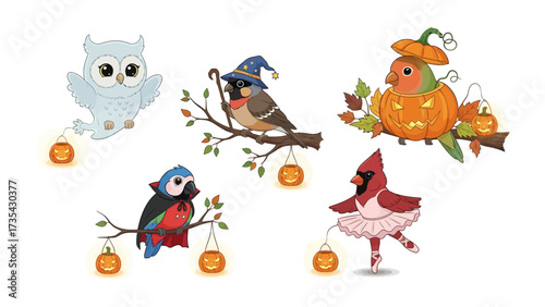 Whimsical Halloween Birds: A collection of charming bird illustrations dressed up in spooky costumes and holding miniature jack-o'-lanterns for Halloween celebrations. 