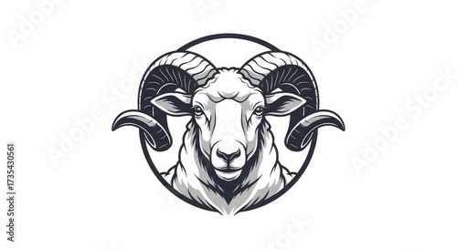 A grayscale illustration of a ram's head, featuring large curved horns inside a circular border.