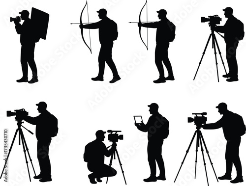 Silhouette people with backpacks, archery stance, camera tripod, video production, photography,