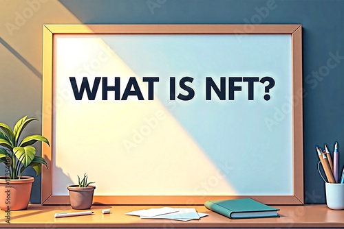 Picture Frame with Desk, Plant, Notebook and Text What Is NFT