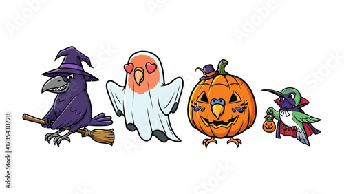 Halloween Avian Characters: A whimsical collection of Halloween-themed avian characters, including a witchy crow, a ghostly parrot, a jack-o'-lantern parakeet, and a vampiric hummingbird.