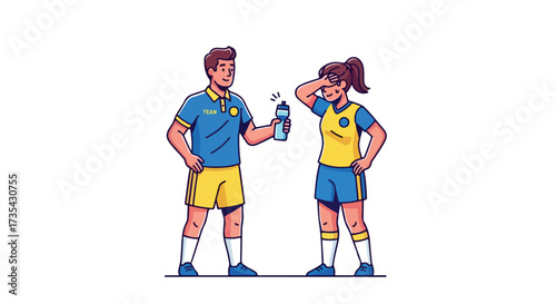 Cartoon depiction of athletic camaraderie as a teammate offers hydration to a weary player recovering after a match