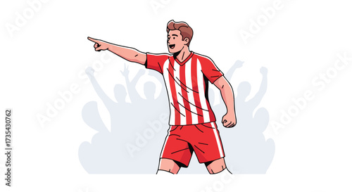 Triumphant soccer player pointing towards victory with stadium crowd in background illustration