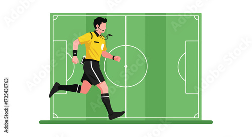 Energetic Soccer Referee Hustling on the Field During Game Supervision Vector Graphic Depiction