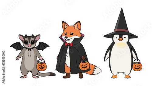 Halloween Animals: A playful collection of whimsical Halloween characters, including a Sugar Glider dressed as a bat, a Fox in a vampire cape, and a Penguin donning a witch hat.
