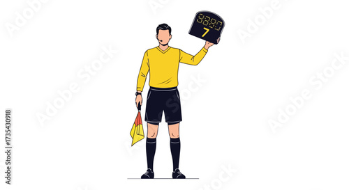 Isolated illustration showing a soccer referee signaling substitution during a match, indicating an extra playing time allocation to compensate for