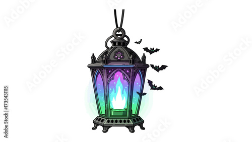 Gothic Lantern: A beautifully crafted gothic lantern casts an eerie glow. Intricate metalwork and stylized bat silhouette capture the spirit of Halloween or gothic design.