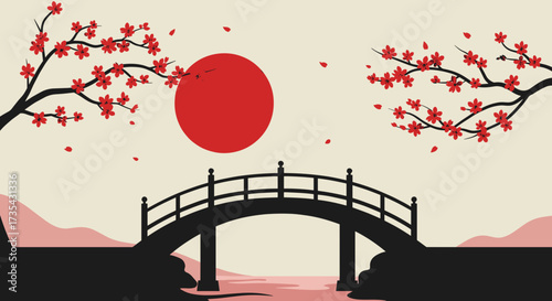 Silhouette of a traditional bridge under cherry blossoms against sunset - Concept of silhouette illustrations, Asia theme,  for Asian-themed event invitations and cultural promotions 