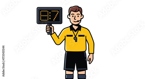 Animated referee holding digital scoreboard displaying eight to seven, isolated on a plain white background