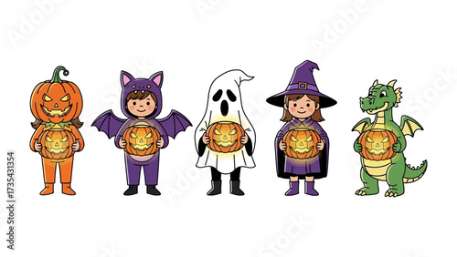 Halloween Festivities:  A delightful illustration showcasing children in charming costumes, holding carved pumpkins for the enchanting Halloween celebrations. 