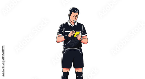 Illustration depicting a soccer referee in action blowing whistle and issuing a yellow card notice during a game, capturing the intensity and