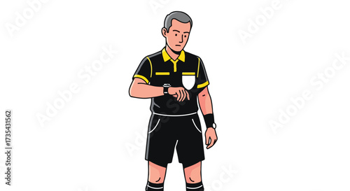 Illustrated soccer referee checking wristwatch, signaling game management and time awareness on field position during the match