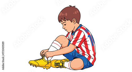 Focused soccer player cartoon tying shoes before game displaying concentration and determination for youth sports excitement