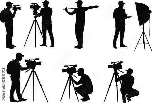 Silhouette video production crew, camera operator, boom microphone, lighting setup, filmmaking