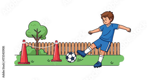 Boy's Energetic Soccer Practice in Backyard Setting Under Favorable Sunlight and Training Equipment Set for Skill Development