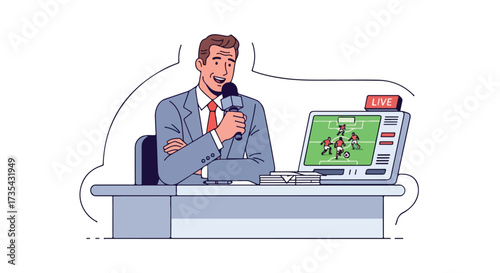 Sportscaster delivers insights during live football game broadcast, engaging audience with expert analysis and commentary during exciting match