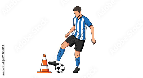 Soccer player practicing dribbling skills around a training cone for fitness and athletic training on a white background