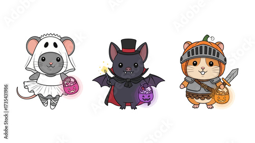Halloween Character Trio: A delightful cartoon illustration features a trio of charming creatures dressed up for Halloween, each embodying a unique persona.