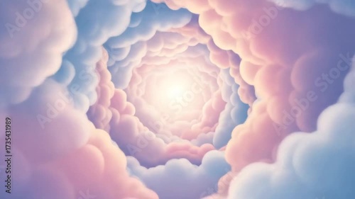 Dreamy cloudscape tunnel, celestial journey through soft pink and blue heavens