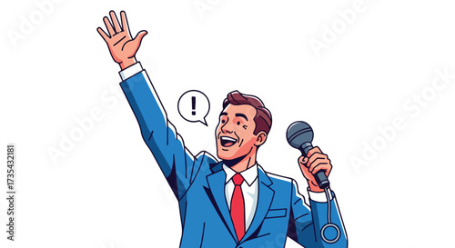 Energetic businessman giving a speech with microphone, raising arm in expressive gesture illustration