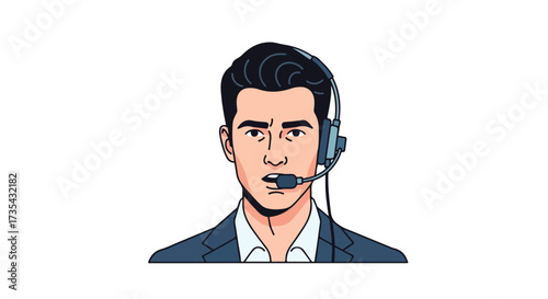Illustration of a focused customer service representative wearing headset with microphone in blue blazer against a white background, vector