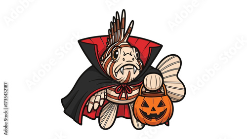 Vampire Fish with Jack-o'-Lantern: A whimsical illustration presents a vampire fish character, draped in a cape, carrying a carved pumpkin.