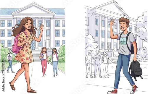 Students arriving at school, smiling faces, waving hands, casual outfit, backpack, school building, outdoor scene, youth lifestyle, educational moment, boy and girl illustration