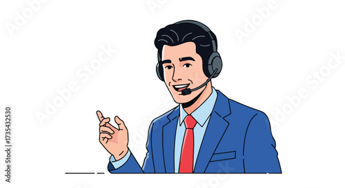 Friendly customer service representative provides assistance via headset for support calls and technical assistance, offering solutions and