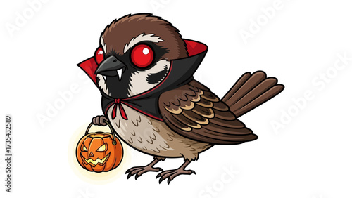 Halloween Sparrow: An illustrative sparrow, costumed for Halloween, holding a glowing jack-o'-lantern, radiating festive cheer.