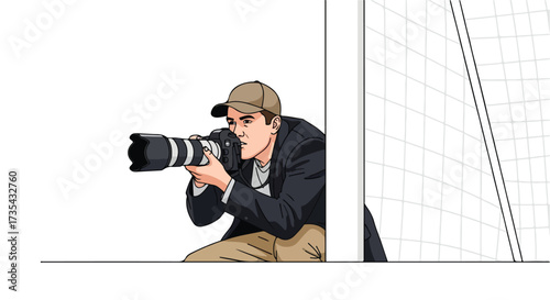 Cartoon Illustration of Photographer Aiming Camera Behind Wall for Event Coverage, Seeking Candid Moments through Photography Lens with Professional