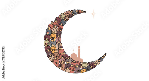 Crescent moon composed of diverse people and Islamic architecture, Generative AI.