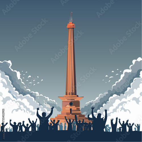 A graphic illustration of a large, silhouetted crowd cheering triumphantly before a tall, historic monument against a cloudy sky.
