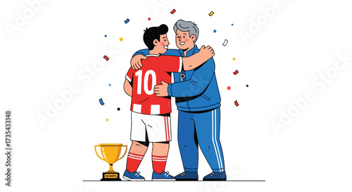 Joyful camaraderie: Soccer player embracing coach with golden trophy amidst confetti celebration, capturing victory and teamwork, symbolizing