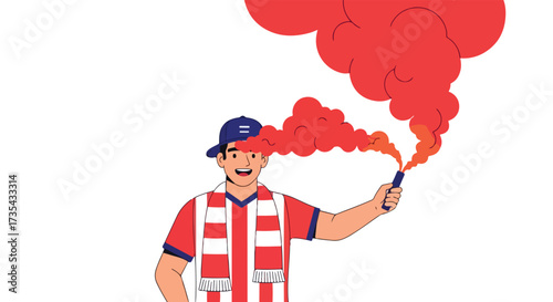 Enthusiastic soccer supporter with red smoke flare celebrating team victory illustration of devotion and excitement cheering fans energy expressing