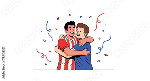 Animated illustration of two ecstatic athletes joyfully embracing amidst festive confetti and swirling streamers after triumphing in competition