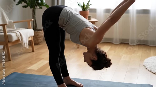 Woman stretching on yoga mat in cozy living room with natural light