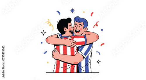 Celebrating victory: Two cartoon men embracing, surrounded by confetti in a joyous display of camaraderie and triumph following success in sports