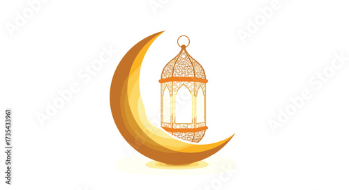 Golden Crescent Moon and Islamic Lantern Illustration, Generative AI.