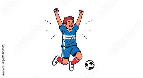 Cartoon illustration showcasing a soccer player's exuberant celebration of victory with dynamic action and spirited expression