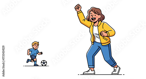 Mother's elation over her son's soccer skills, celebrating with joy and pride at her son's successful sporting activity on the football pitch