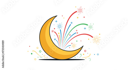 Golden Crescent Moon with Colorful Fireworks Bursting Behind, Generative AI.