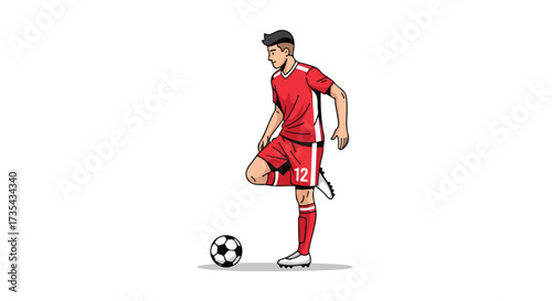 Dynamic illustration of a soccer player in red uniform skillfully controlling a soccer ball with his foot and precision
