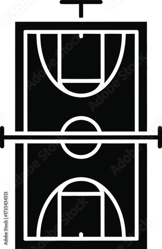 Top down view of a basketball court with hoop