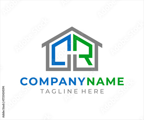 The logo design combines the letters CR and a house, using the colors gray, blue, and green.