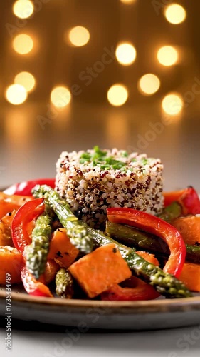 Vegan dish with roasted vegetables and quinoa on elegant plate